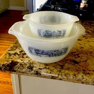 Vintage Currier and Ives set 3 blue train